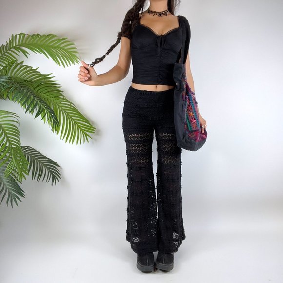 DAVI & DANI Pants - Vintage Y2K Black Lace Whimsigoth Low Rise Flare Fairy Grunge Pants / Size: S